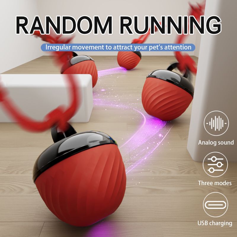 Electric Rolling Pet Ball for Cats and Dogs, Durable, Chew-Resistant, Rope-Knot, Squeaky, and Glowing Toy - Red - Image 2