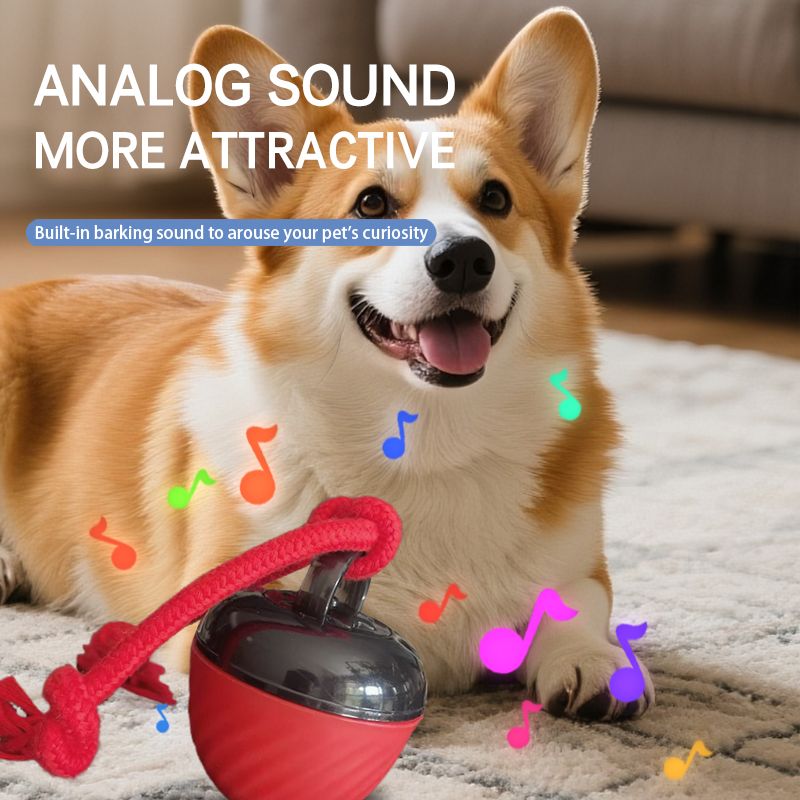 Electric Rolling Pet Ball for Cats and Dogs, Durable, Chew-Resistant, Rope-Knot, Squeaky, and Glowing Toy - Red - Image 3