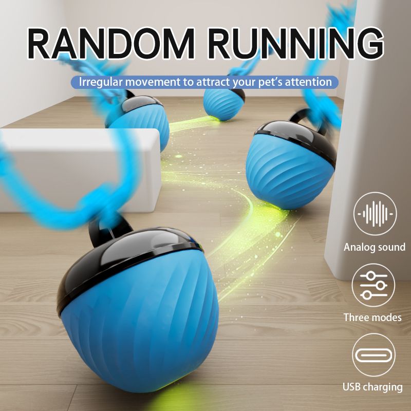 Electric Rolling Pet Ball for Cats and Dogs, Durable, Chew-Resistant, Rope-Knot, Squeaky, and Glowing Toy - Blue - Image 2