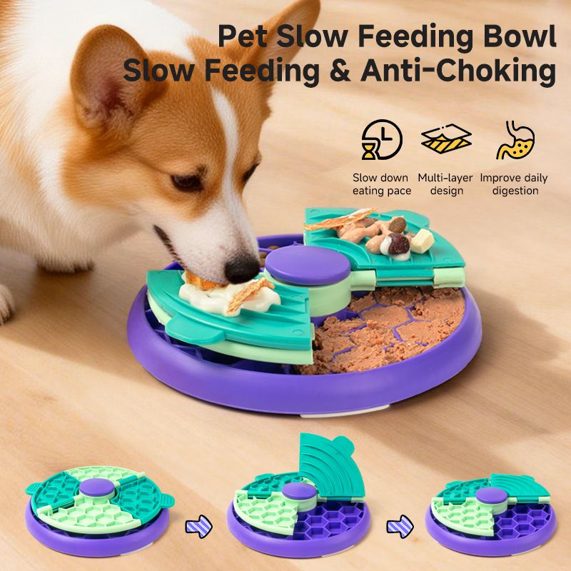 3-in-1 Pet Puzzle Slow Feeder Bowl with Multi-Level Rotating Disk - Purple-green - Image 3