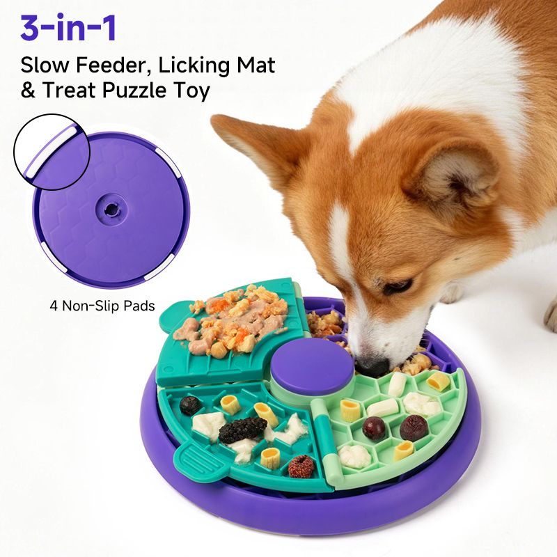 3-in-1 Pet Puzzle Slow Feeder Bowl with Multi-Level Rotating Disk - Purple-green - Image 5