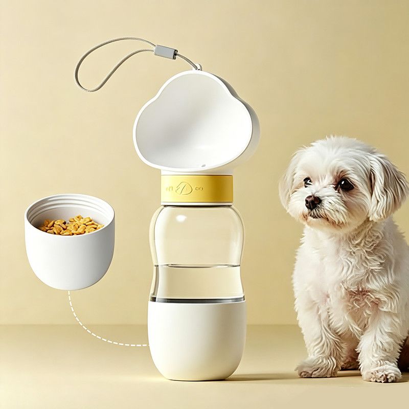 All-in-One Water and Food Pet Travel Cup 350ml Water + 200ml Food Storage Pet Outdoor Water Bottle - White - Image 1