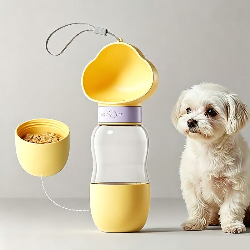 All-in-One Water and Food Pet Travel Cup 350ml Water + 200ml Food Storage Pet Outdoor Water Bottle - Yellow - Image 1