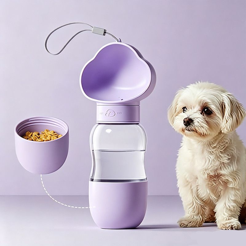 All-in-One Water and Food Pet Travel Cup 350ml Water + 200ml Food Storage Pet Outdoor Water Bottle - Purple - Image 1