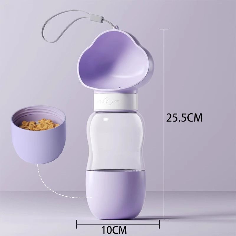 All-in-One Water and Food Pet Travel Cup 350ml Water + 200ml Food Storage Pet Outdoor Water Bottle - Purple - Image 2