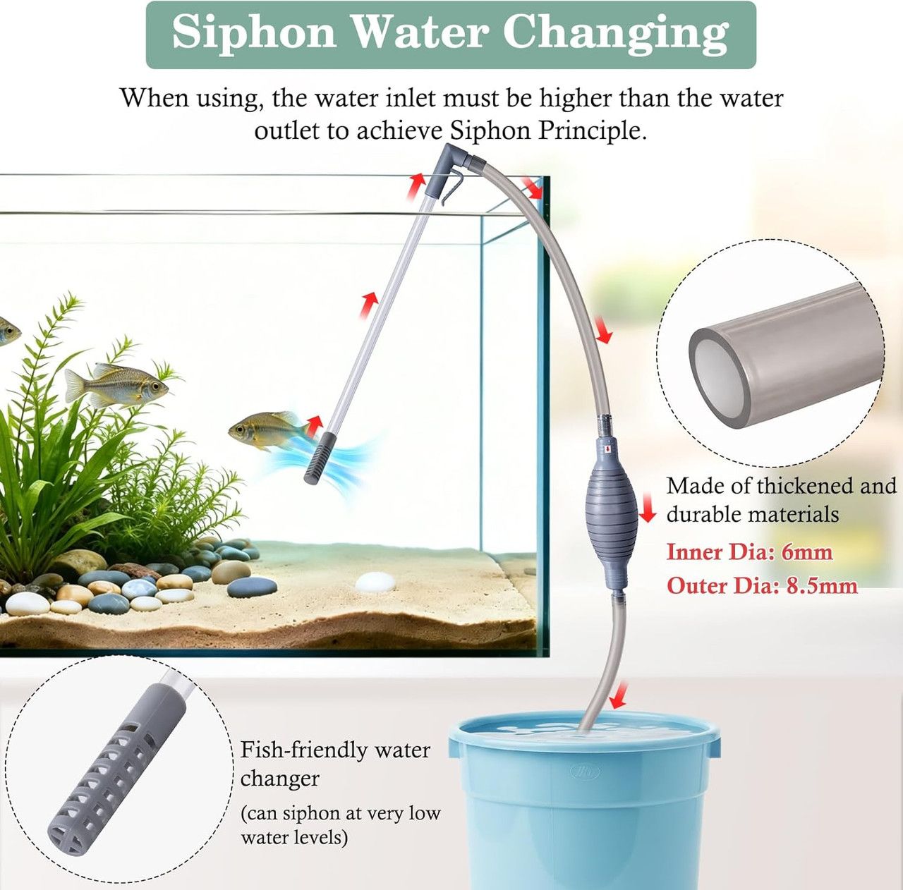 3-in-1 Aquarium Water Change Tool: Sand Cleaning / Waste Removal / Water Change, Siphon Pump - 1.9 m - Image 5