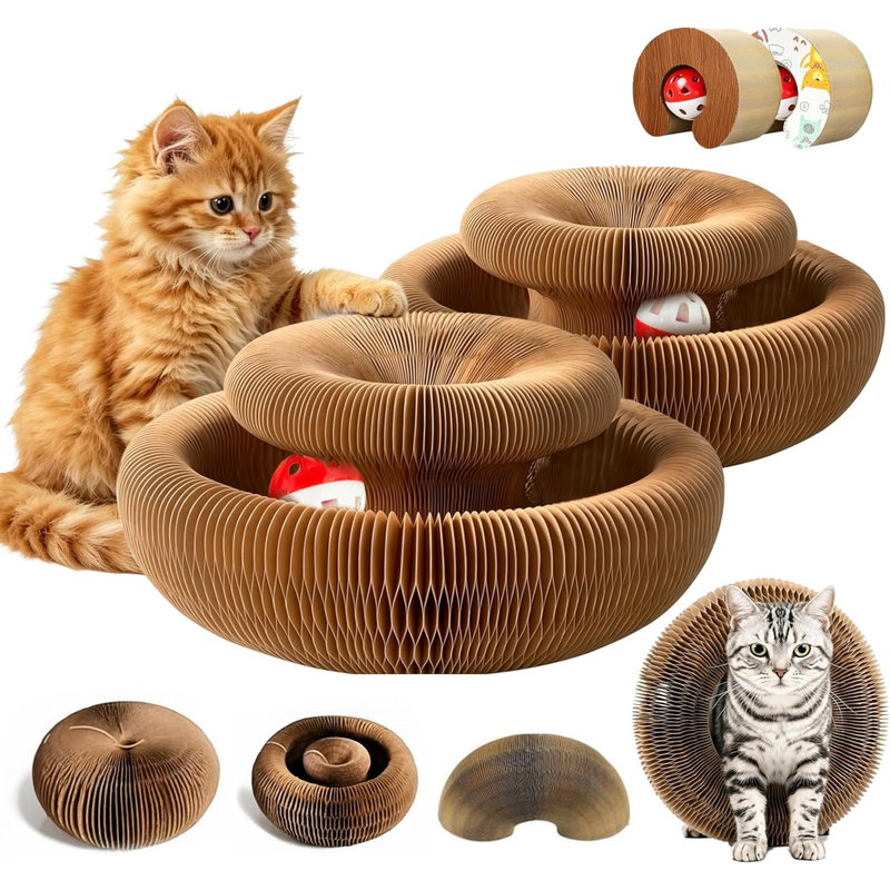 2-pack, Accordion-style Cat Scratcher, Versatile Foldable Corrugated Cardboard Scratching Board with Ball Toy - Image 1
