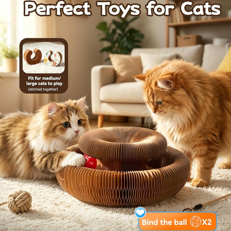 2-pack, Accordion-style Cat Scratcher, Versatile Foldable Corrugated Cardboard Scratching Board with Ball Toy - Image 2