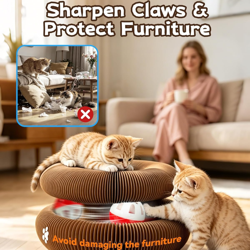 2-pack, Accordion-style Cat Scratcher, Versatile Foldable Corrugated Cardboard Scratching Board with Ball Toy - Image 3
