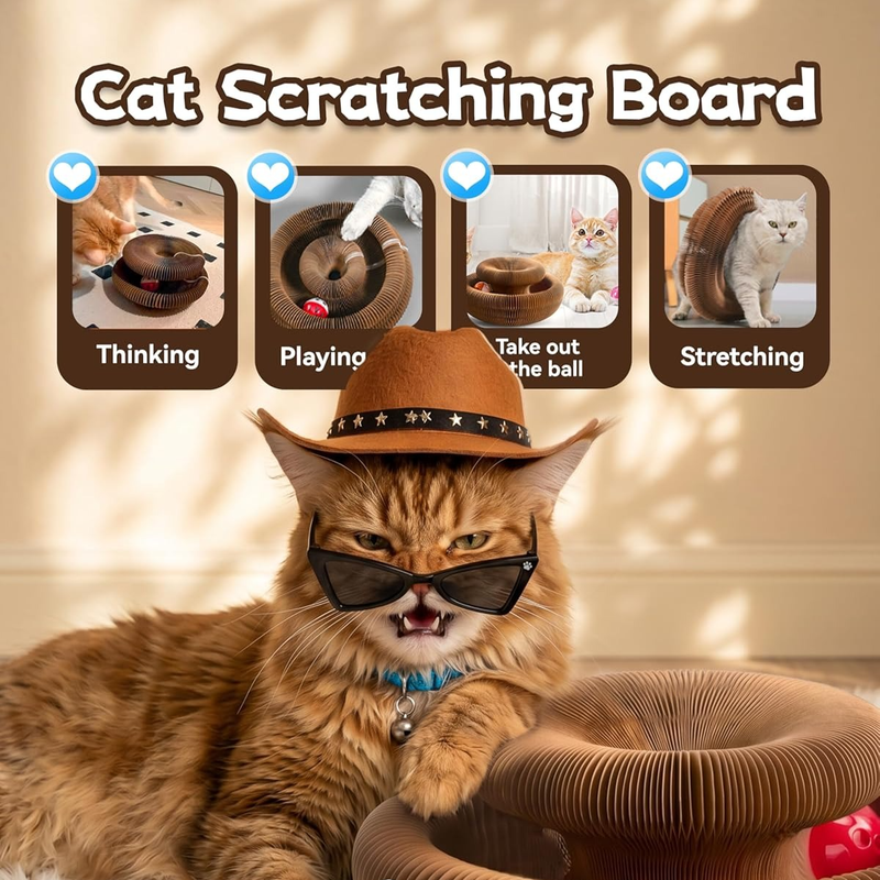 2-pack, Accordion-style Cat Scratcher, Versatile Foldable Corrugated Cardboard Scratching Board with Ball Toy - Image 4