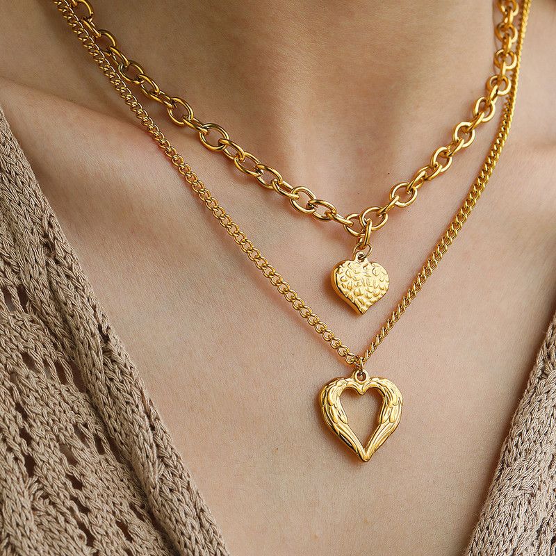 Women's Layered Necklace with Gold-Plated Heart Pendant – Vintage-Style Women's Necklace - Image 1