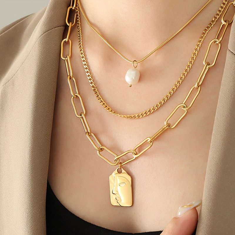 Artistic Face Pearl Necklace, Three-Strand Layered Gold-Plated Collar Necklace, Unique Women's Fashion Necklace - Gold - Image 1