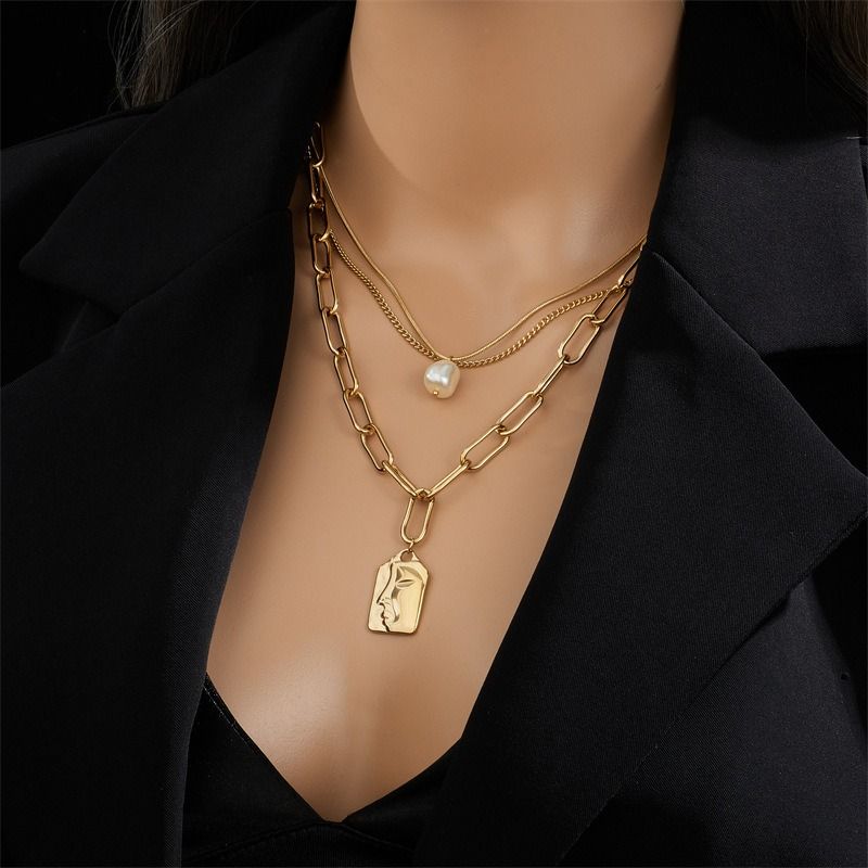 Artistic Face Pearl Necklace, Three-Strand Layered Gold-Plated Collar Necklace, Unique Women's Fashion Necklace - Gold - Image 4