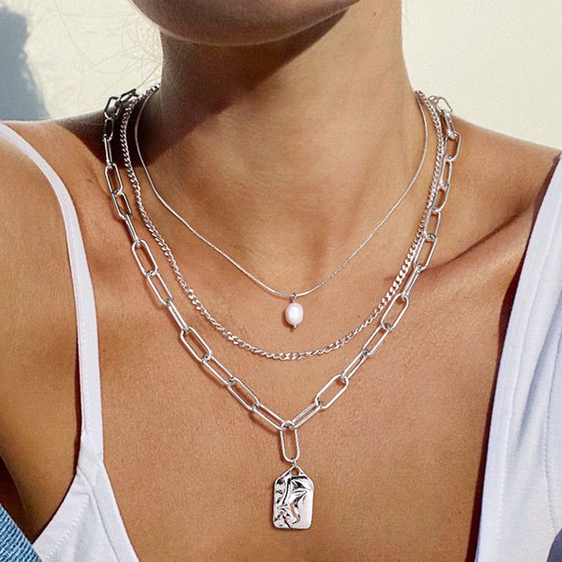 Artistic Face Pearl Necklace, Three-Strand Layered Gold-Plated Collar Necklace, Unique Women's Fashion Necklace - Silver - Image 1