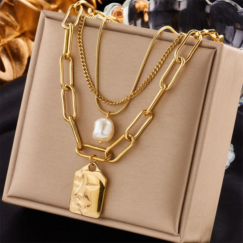 Artistic Face Pearl Necklace, Three-Strand Layered Gold-Plated Collar Necklace, Unique Women's Fashion Necklace - Silver - Image 2