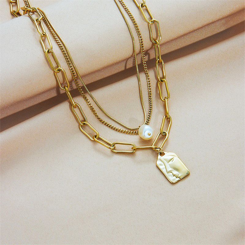 Artistic Face Pearl Necklace, Three-Strand Layered Gold-Plated Collar Necklace, Unique Women's Fashion Necklace - Silver - Image 5