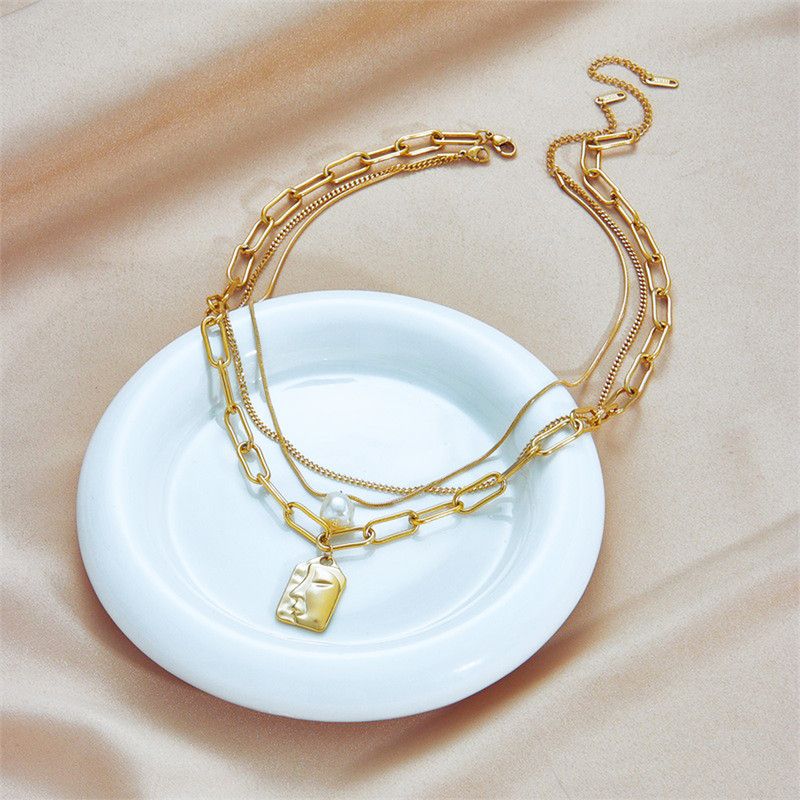 Artistic Face Pearl Necklace, Three-Strand Layered Gold-Plated Collar Necklace, Unique Women's Fashion Necklace - Silver - Image 6