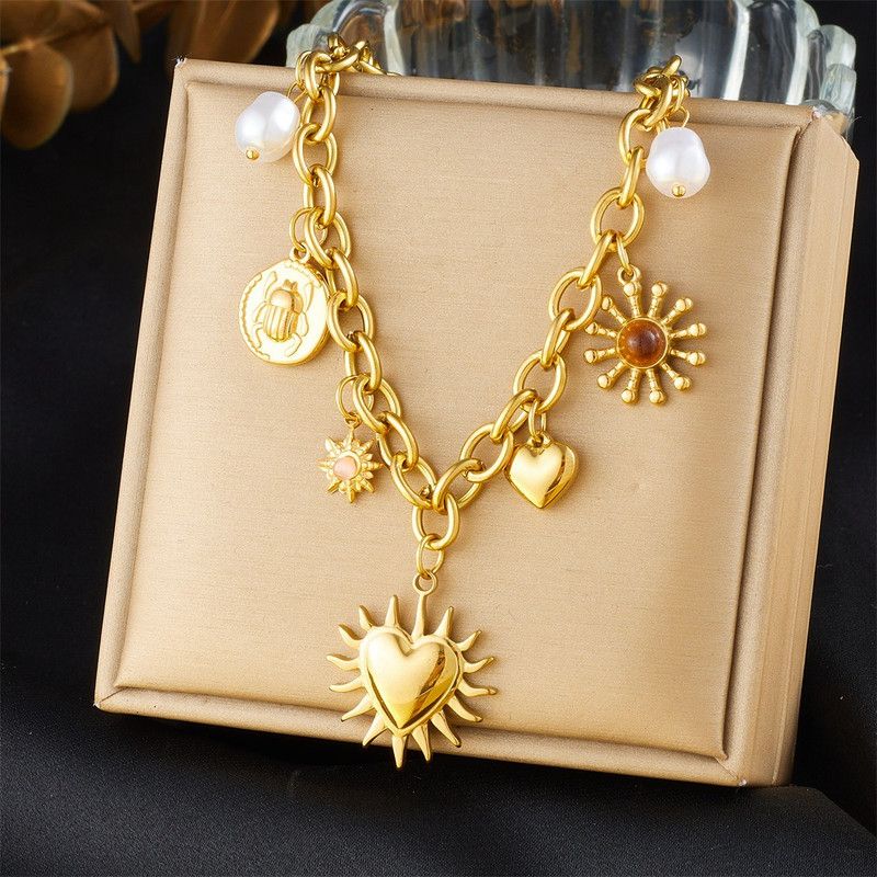 Bohemian-Style Multi-Charm Gold-Plated Necklace, Sun-Motif Heart-Shaped Pearl Cuban Chain, Trendy Women's Fashion Jewelry - Image 2