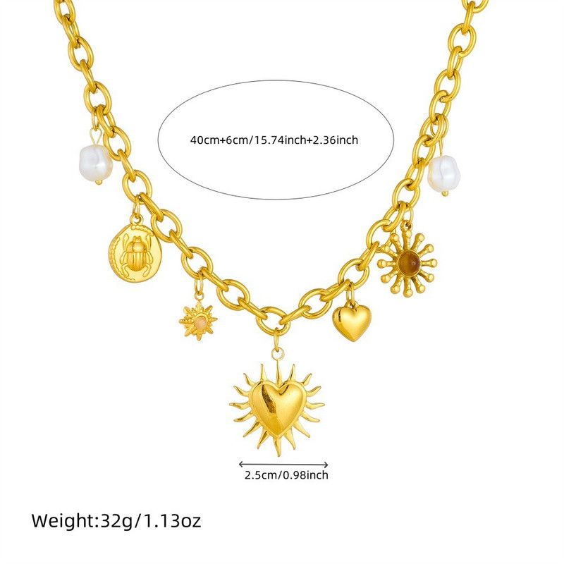 Bohemian-Style Multi-Charm Gold-Plated Necklace, Sun-Motif Heart-Shaped Pearl Cuban Chain, Trendy Women's Fashion Jewelry - Image 3