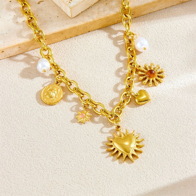 Bohemian-Style Multi-Charm Gold-Plated Necklace, Sun-Motif Heart-Shaped Pearl Cuban Chain, Trendy Women's Fashion Jewelry - Image 4