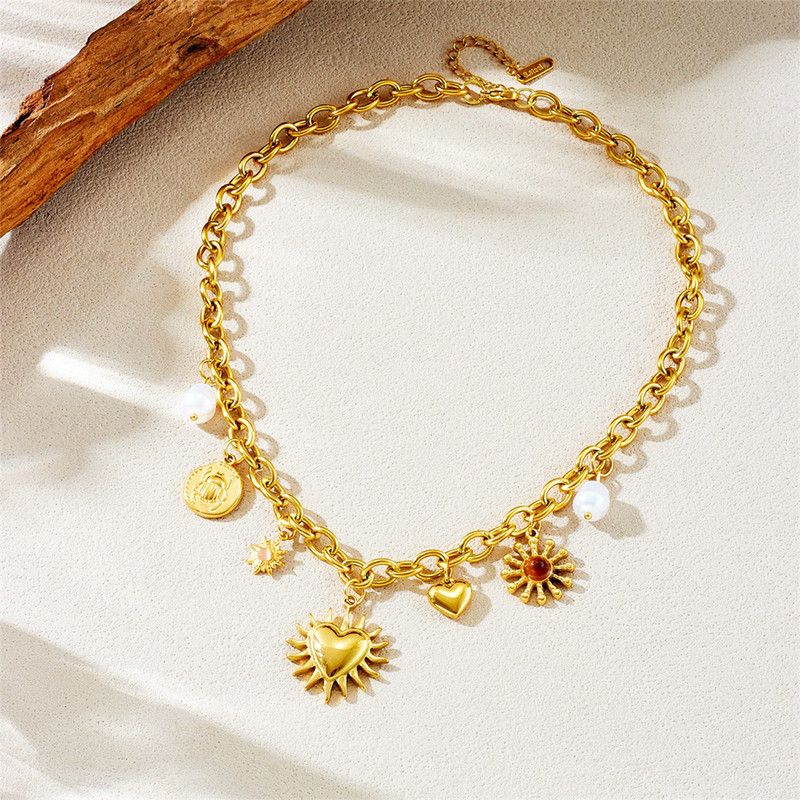 Bohemian-Style Multi-Charm Gold-Plated Necklace, Sun-Motif Heart-Shaped Pearl Cuban Chain, Trendy Women's Fashion Jewelry - Image 5