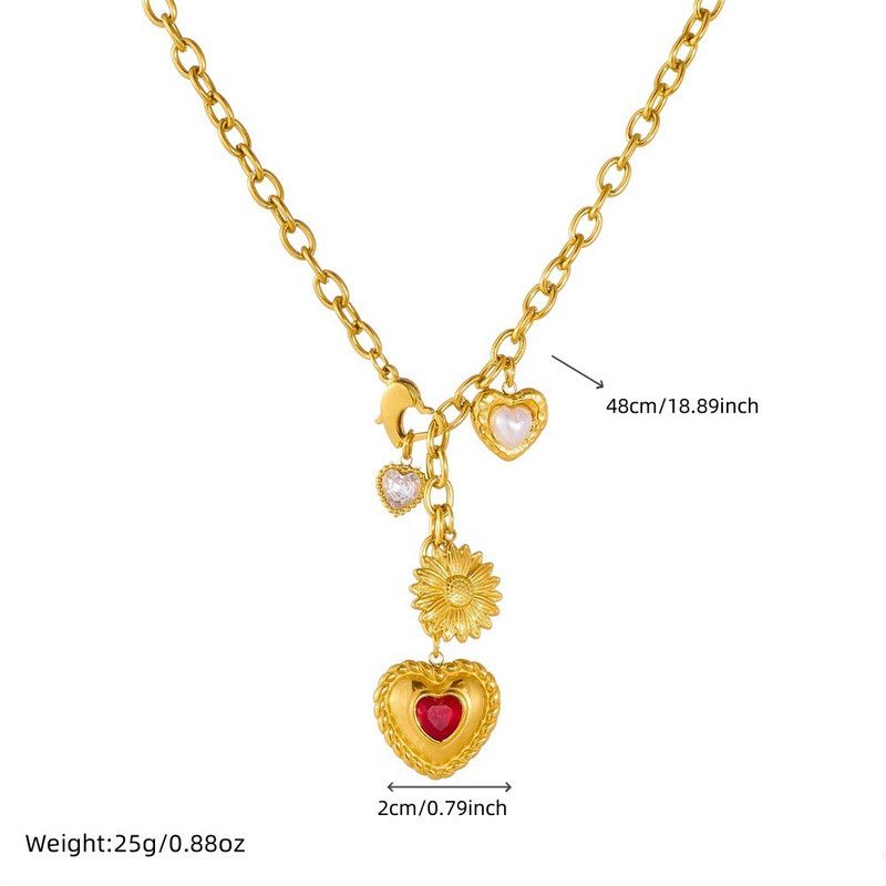 Vintage Heart-Shaped Sunflower Necklace: 18K Gold-Plated Cuban Chain, Women's Diamond-Studded Collar Necklace - Image 5