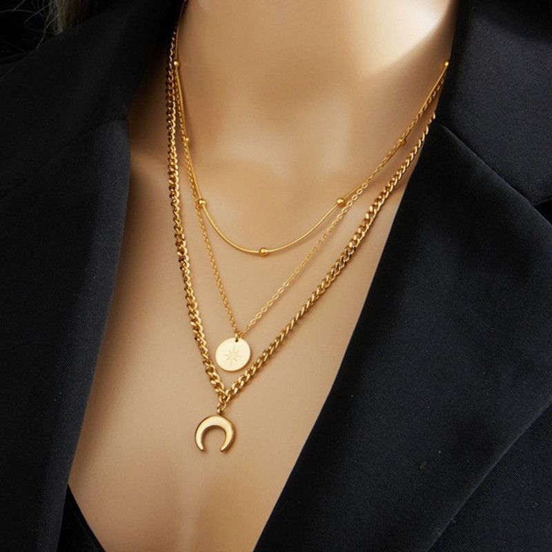 Three-Tier Layered Star and Moon Round Pendant Necklace: 18K Gold-Plated Titanium Steel Collar Necklace for Women - Image 1