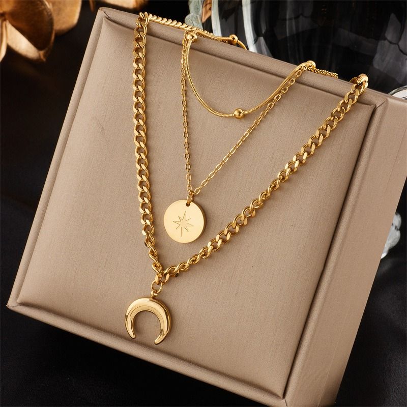 Three-Tier Layered Star and Moon Round Pendant Necklace: 18K Gold-Plated Titanium Steel Collar Necklace for Women - Image 2