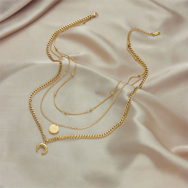 Three-Tier Layered Star and Moon Round Pendant Necklace: 18K Gold-Plated Titanium Steel Collar Necklace for Women - Image 3