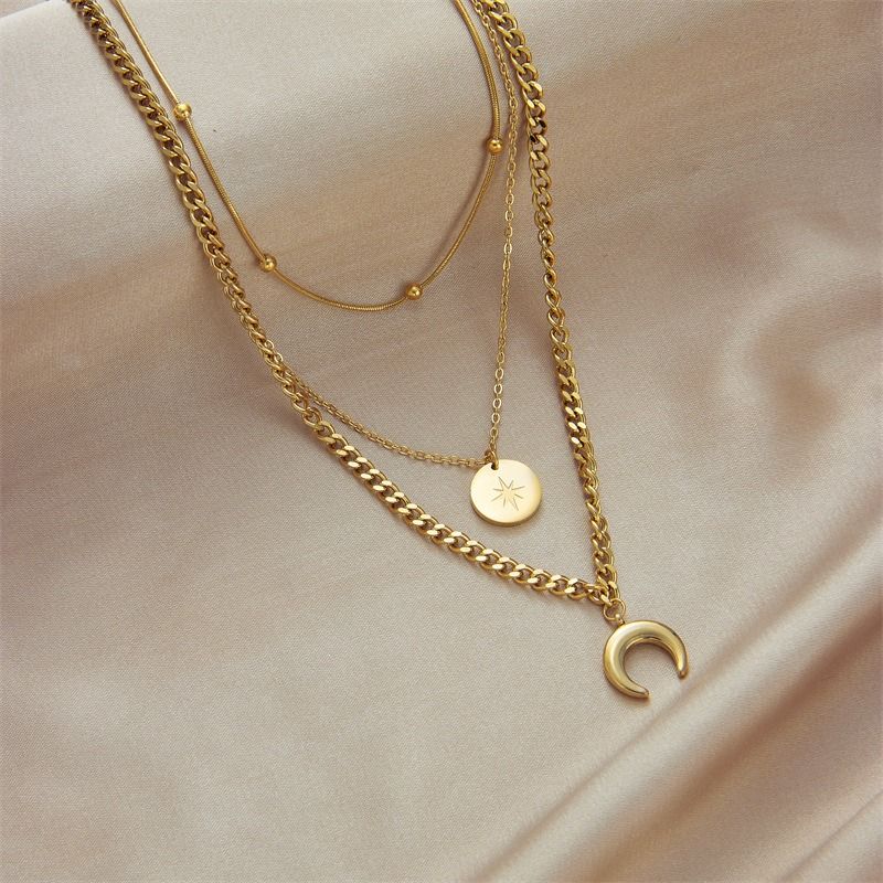 Three-Tier Layered Star and Moon Round Pendant Necklace: 18K Gold-Plated Titanium Steel Collar Necklace for Women - Image 4