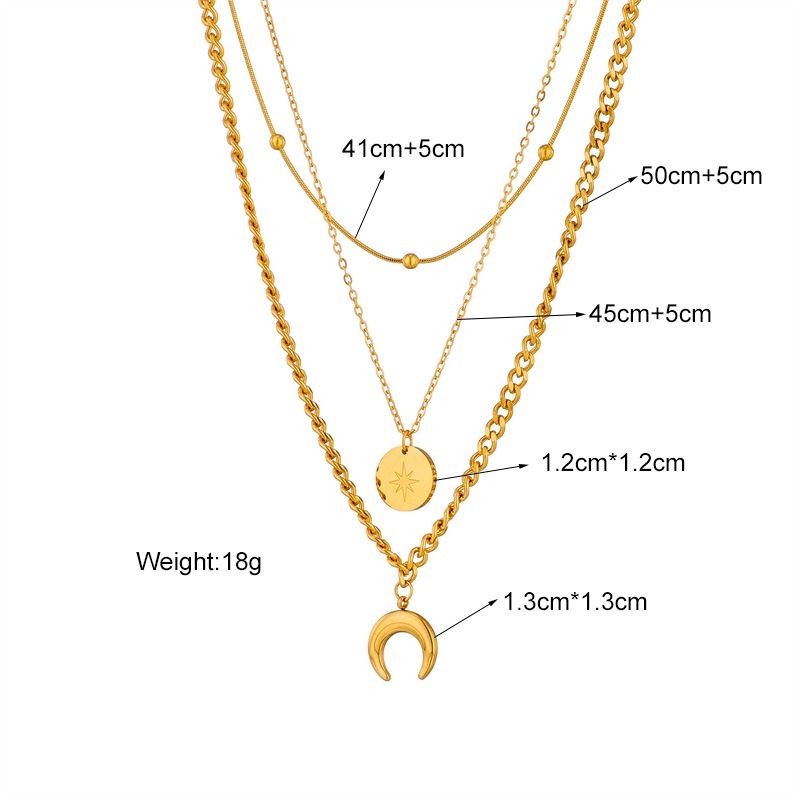 Three-Tier Layered Star and Moon Round Pendant Necklace: 18K Gold-Plated Titanium Steel Collar Necklace for Women - Image 5