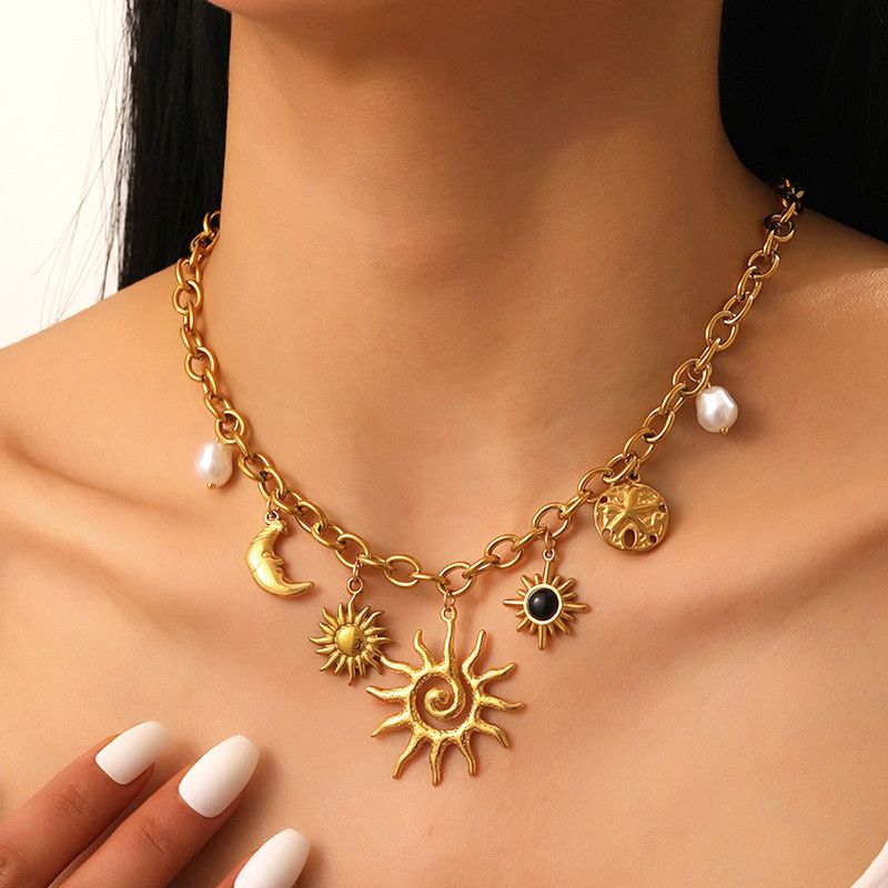 Bohemian-style multi-pendant necklace, gold-plated titanium Cuban chain, women's sun-and-moon pearl collar necklace - Image 1