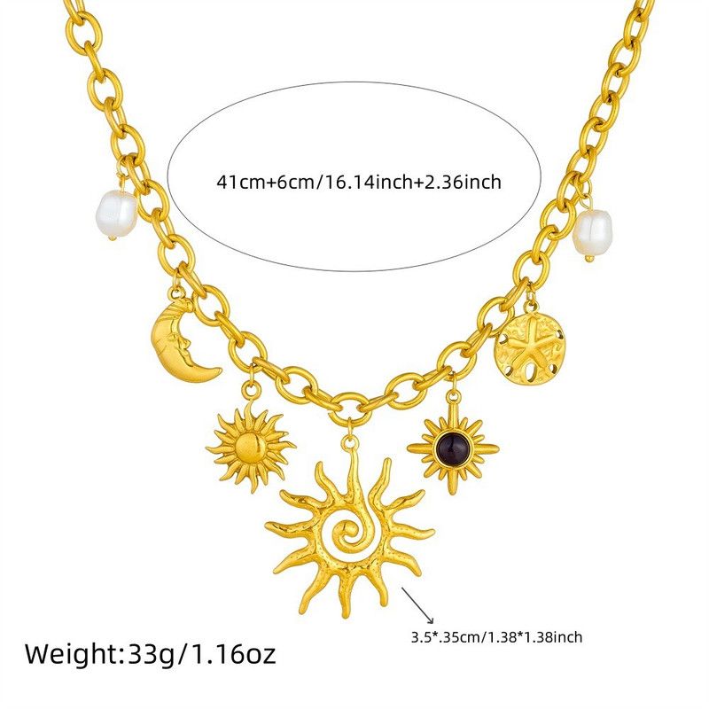 Bohemian-style multi-pendant necklace, gold-plated titanium Cuban chain, women's sun-and-moon pearl collar necklace - Image 5