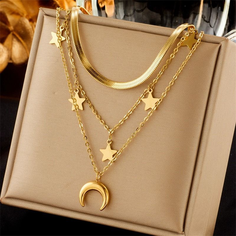 Triple-strand Star and Moon Titanium and Steel Necklace, 18K Gold-Plated Collar Chain, Women's Snake-Chain Jewelry - Image 1