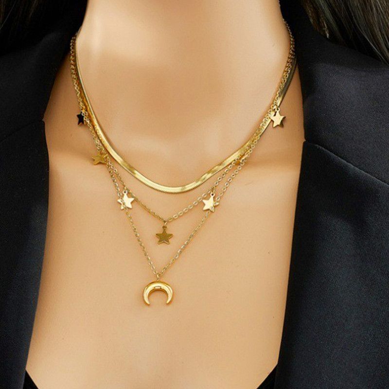 Triple-strand Star and Moon Titanium and Steel Necklace, 18K Gold-Plated Collar Chain, Women's Snake-Chain Jewelry - Image 2