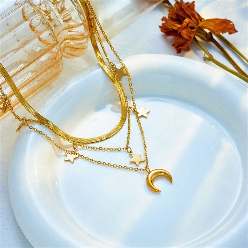 Triple-strand Star and Moon Titanium and Steel Necklace, 18K Gold-Plated Collar Chain, Women's Snake-Chain Jewelry - Image 3