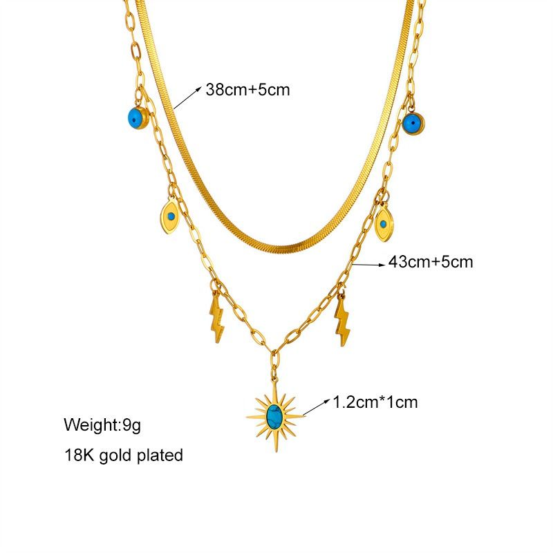 Double-layered bohemian-style necklace, 18K gold-plated titanium choker with eye and lightning bolt pendants - Image 5