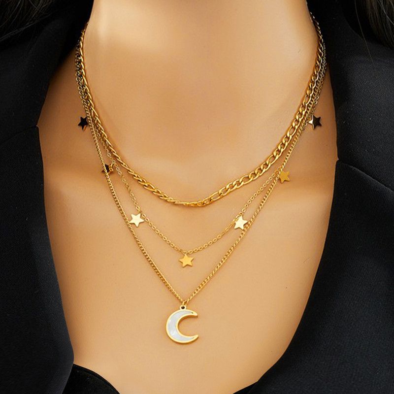 Three-tier layered star-and-moon mother-of-pearl and titanium steel necklace with an 18K gold-plated clasp - Image 1