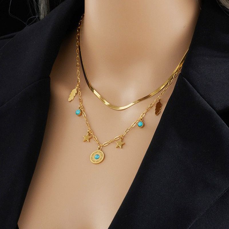 Bohemian-Style Double-Layer Layered Necklace: Gold-Plated Titanium Steel Collar Necklace—Unique Vintage Jewelry for Women - Image 1