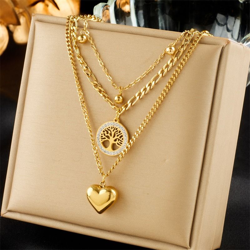 Three-Tier Layered Tree of Life Heart-Shaped Titanium Steel Necklace: 18K Gold-Plated Collar Chain—A Simple, Elegant Cuban Chain Necklace for Women - Image 2