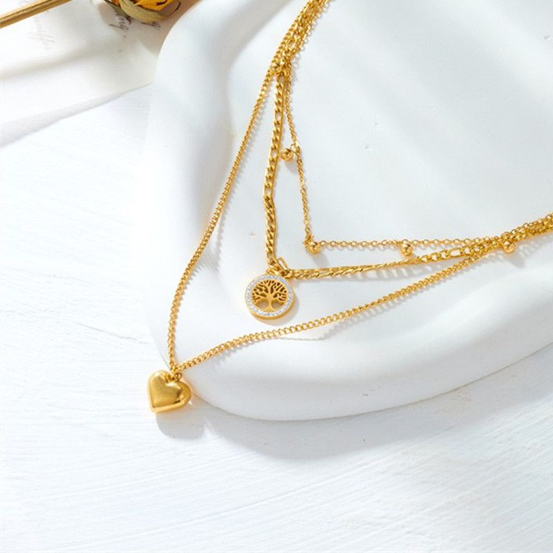 Three-Tier Layered Tree of Life Heart-Shaped Titanium Steel Necklace: 18K Gold-Plated Collar Chain—A Simple, Elegant Cuban Chain Necklace for Women - Image 3