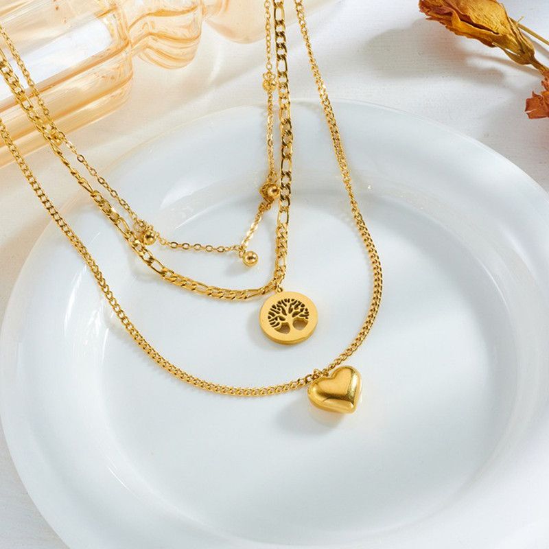 Three-Tier Layered Tree of Life Heart-Shaped Titanium Steel Necklace: 18K Gold-Plated Collar Chain—A Simple, Elegant Cuban Chain Necklace for Women - Image 4