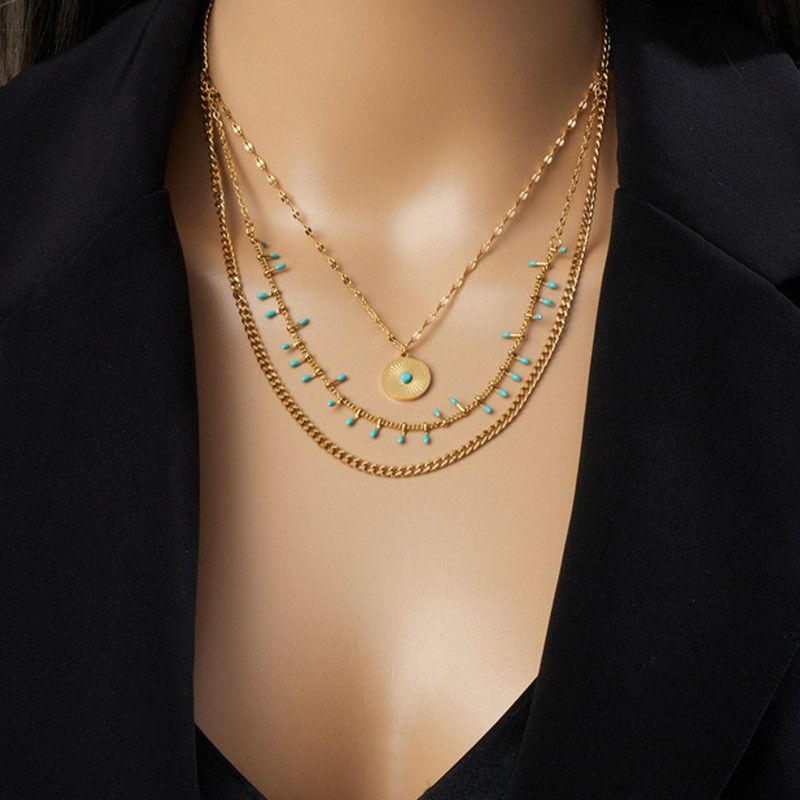 Bohemian-Style Three-Tier Turquoise Necklace with 18K Gold-Plated Titanium Collar Chain - Image 1