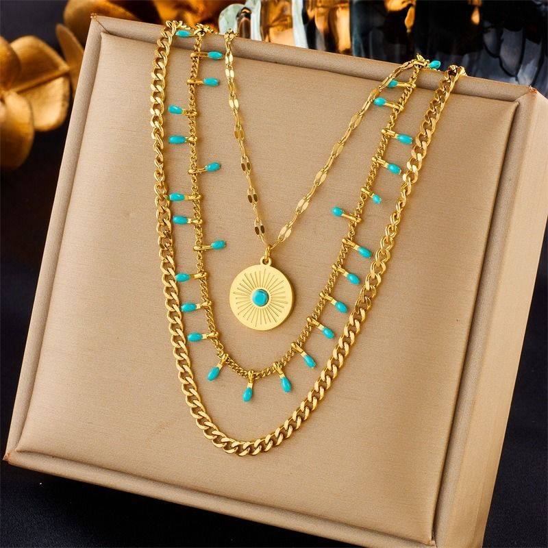 Bohemian-Style Three-Tier Turquoise Necklace with 18K Gold-Plated Titanium Collar Chain - Image 2