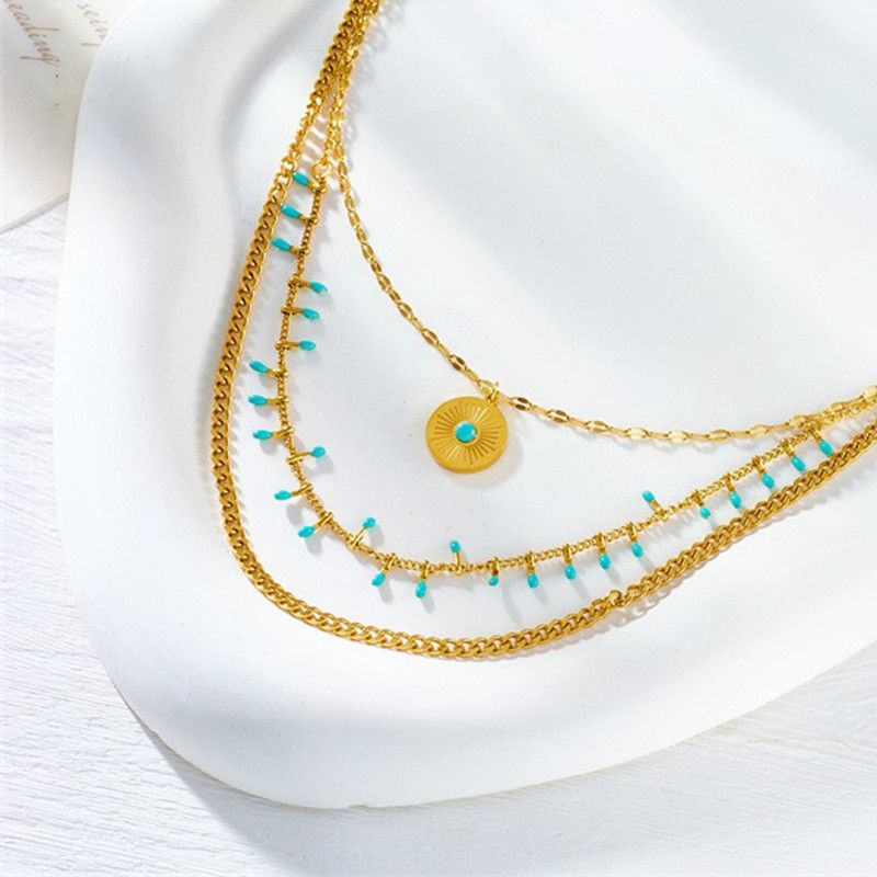 Bohemian-Style Three-Tier Turquoise Necklace with 18K Gold-Plated Titanium Collar Chain - Image 3