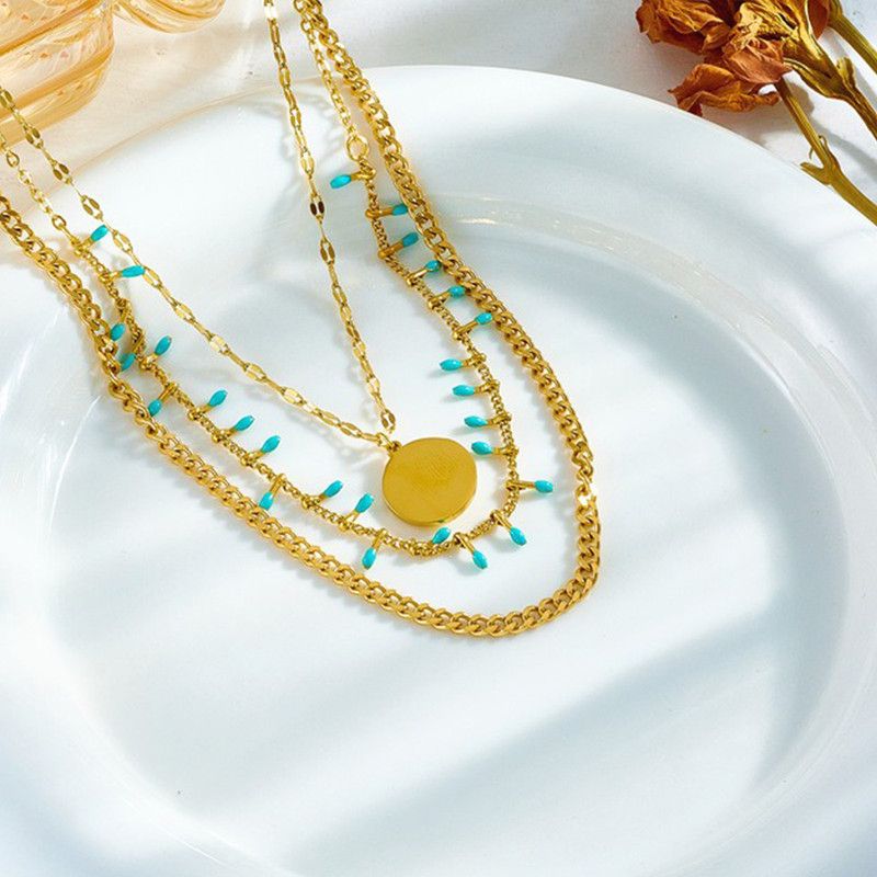 Bohemian-Style Three-Tier Turquoise Necklace with 18K Gold-Plated Titanium Collar Chain - Image 4