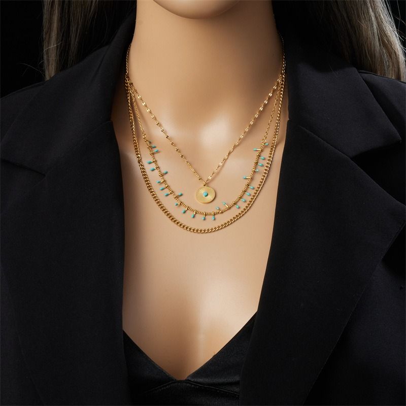 Bohemian-Style Three-Tier Turquoise Necklace with 18K Gold-Plated Titanium Collar Chain - Image 6