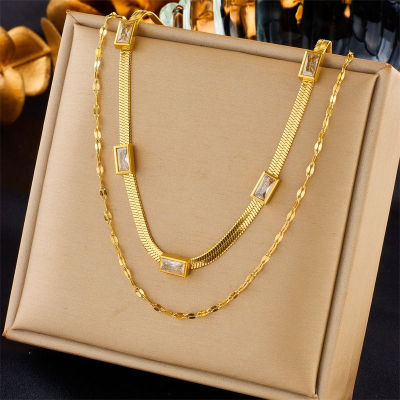 Zirconia Blade Chain Double-Layer Necklace, Gold-Plated Titanium Steel Women's Vintage-Style Luxury Necklace - Clear - Image 1