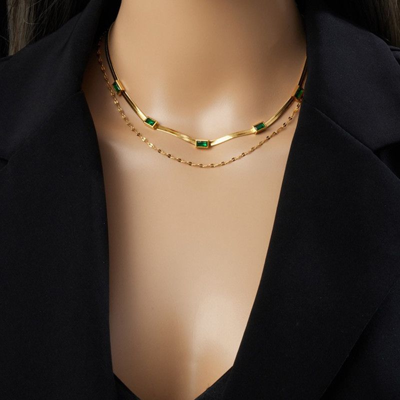 Zirconia Blade Chain Double-Layer Necklace, Gold-Plated Titanium Steel Women's Vintage-Style Luxury Necklace - Clear - Image 2