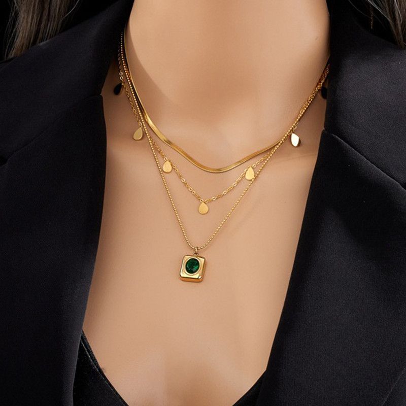 French Vintage Emerald Pendant Three-Tier Layered Necklace, 18K Gold-Plated Titanium Collier - Image 1